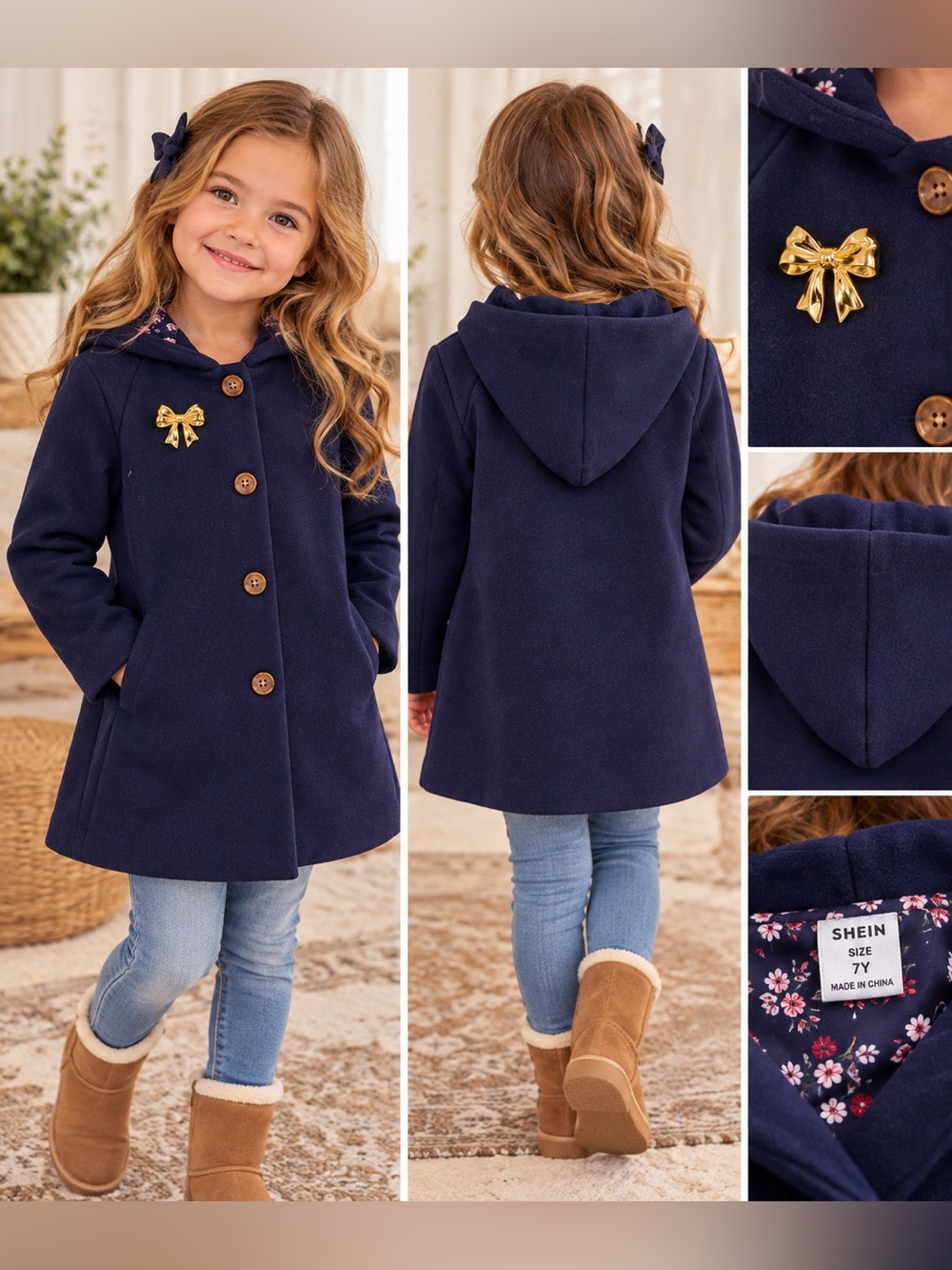Navy Hooded Pea Coat with Gold Bow Accent. Size 7. $24